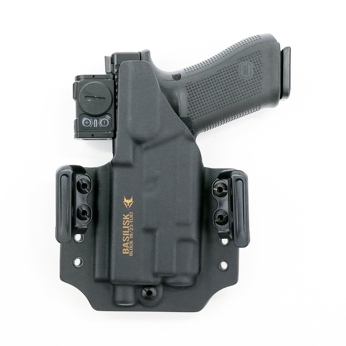 Rear view of the Basilisk light-bearing OWB holster with MatchPoint USA Dura-Grip clips