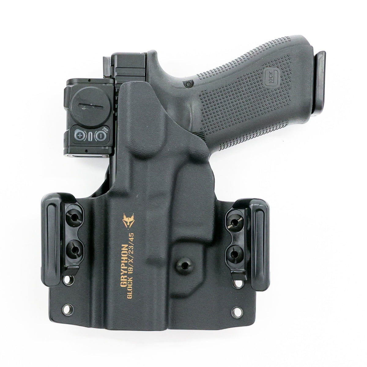 Rear view of the Gryphon OWB Kydex holster with MatchPoint USA Dura-Grip clips