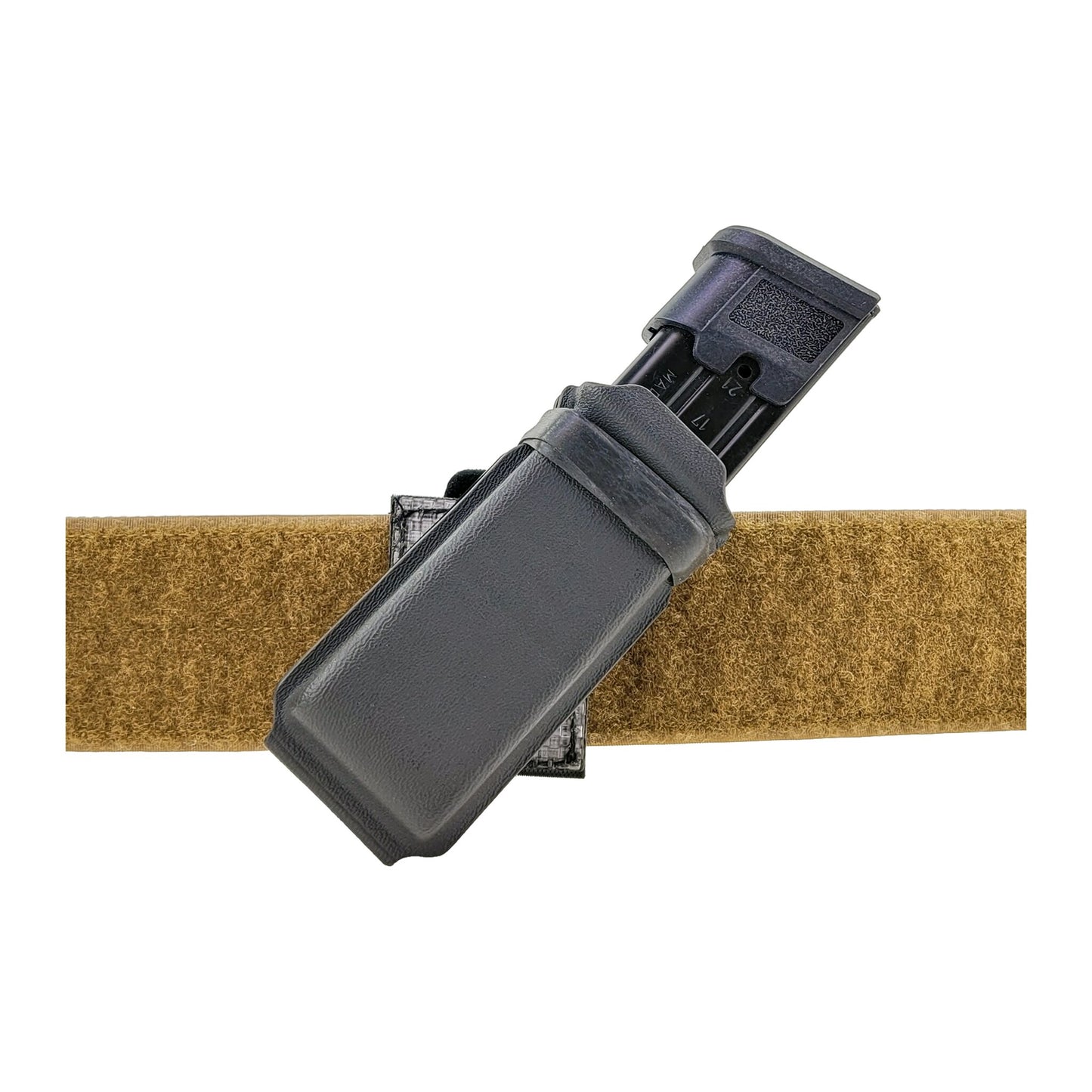 Squeeze belt attachment securing a pistol magazine carrier to a hook-and-loop belt at an adjustable cant
