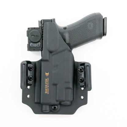 Rear view of the Basilisk light-bearing OWB holster with MatchPoint USA Dura-Grip clips