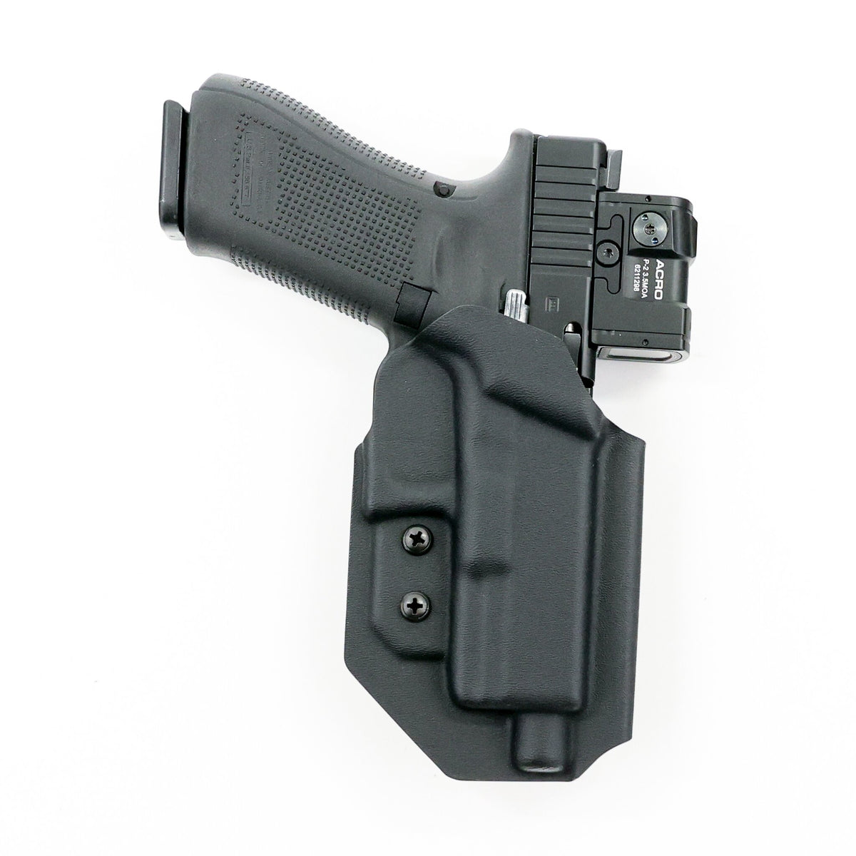 Cerberus tactical Kydex holster holding an optic-equipped Glock pistol – front view