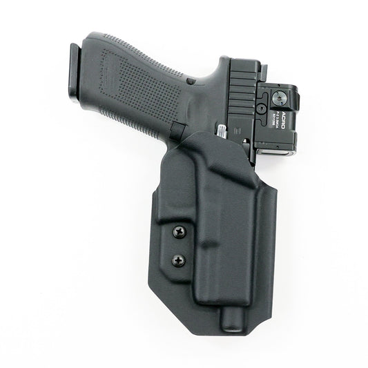 Cerberus tactical Kydex holster holding an optic-equipped Glock pistol – front view