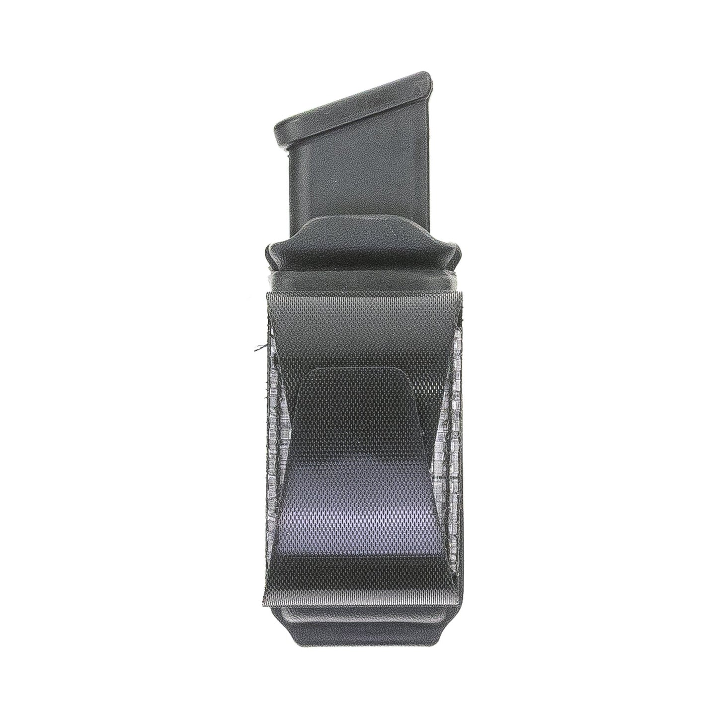Constrictor 9 mm/.40 S&W pistol magazine carrier with Squeeze adjustable hook-and-loop belt attachment – closed position