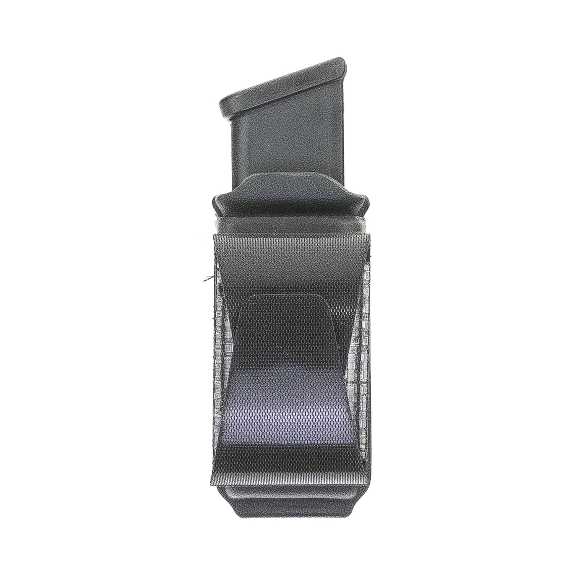 Constrictor 9 mm/.40 S&W pistol magazine carrier with Squeeze adjustable hook-and-loop belt attachment – closed position