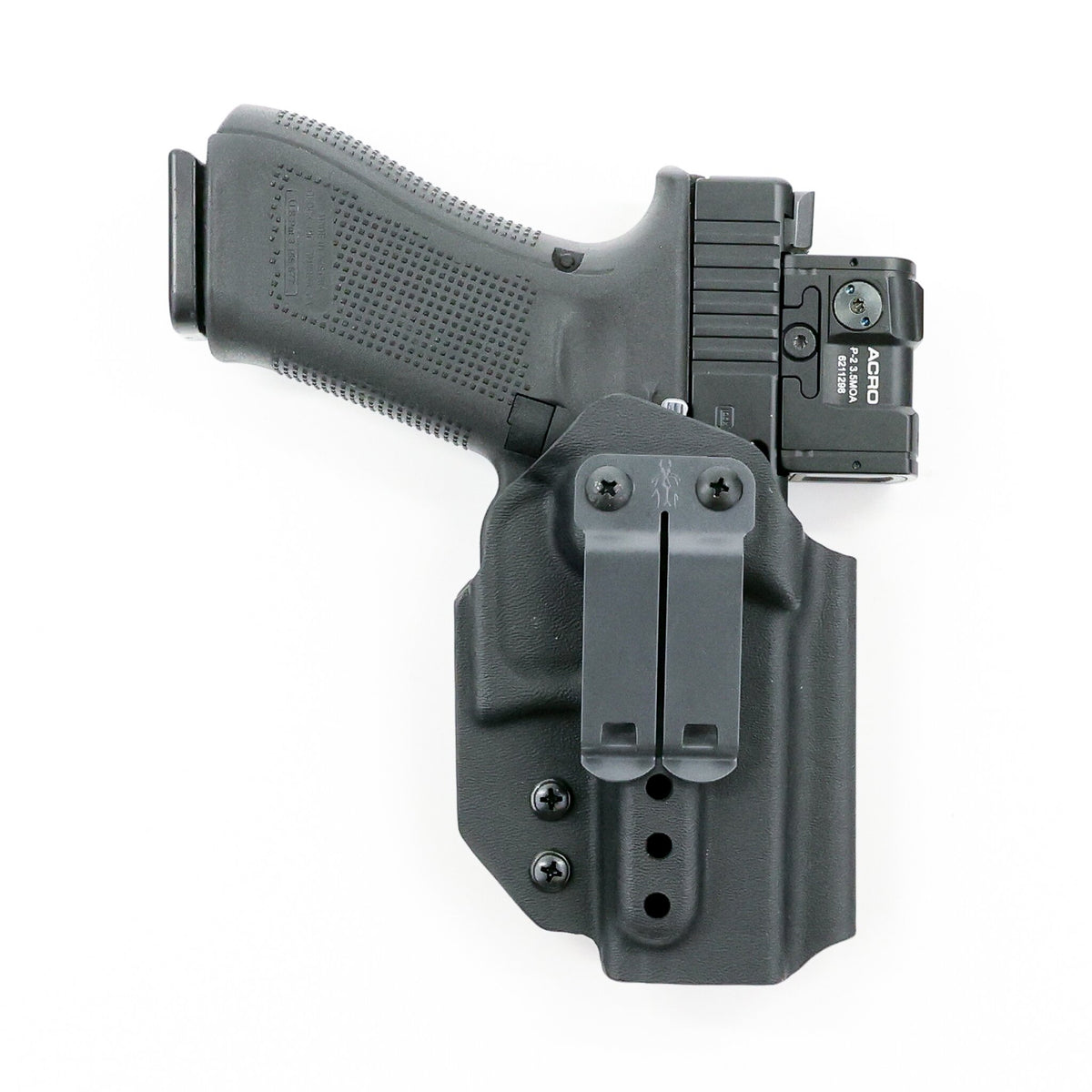 Ghost IWB Kydex holster with DCC Monoblock clip and optic-equipped Glock pistol – front view