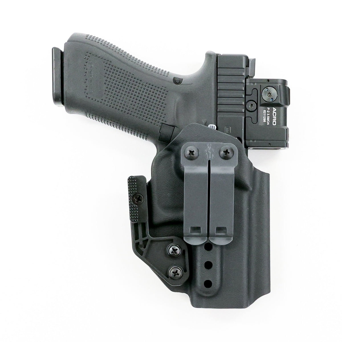 Ghost IWB Kydex holster with DCC Monoblock clip and optional Concealment Wing - Front View