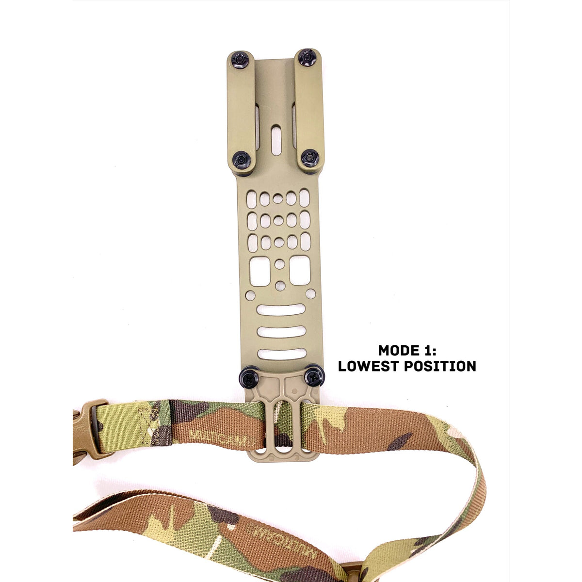Close-up of the MHA Leg Strap Kit mounted below a green MHA holster platform