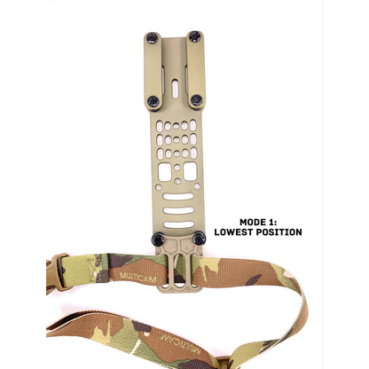 Close-up of the MHA Leg Strap Kit mounted below a green MHA holster platform