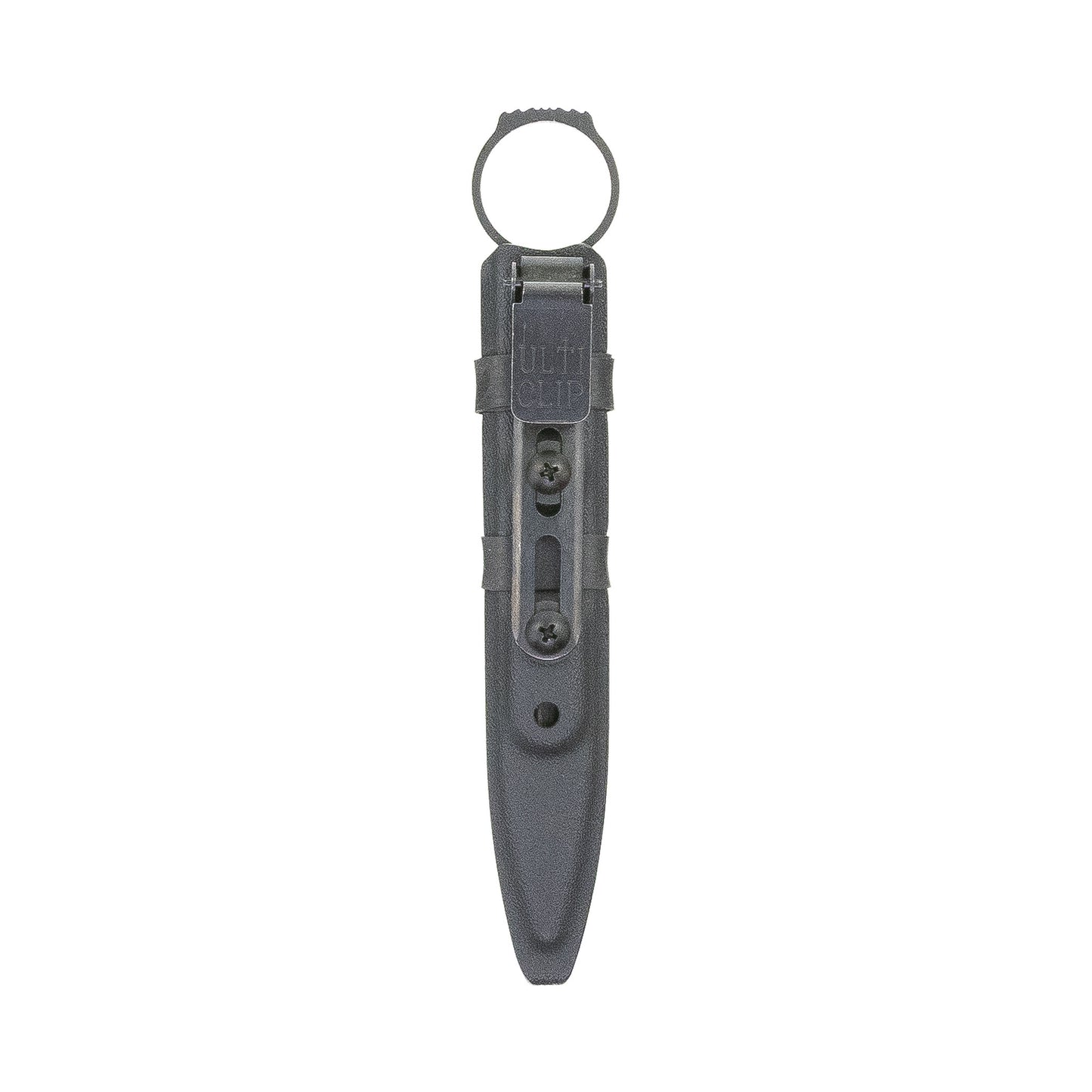 Front view of the black Pilum SOCP sheath with full-size Benchmade SOCP dagger and UltiClip Slim 3.3