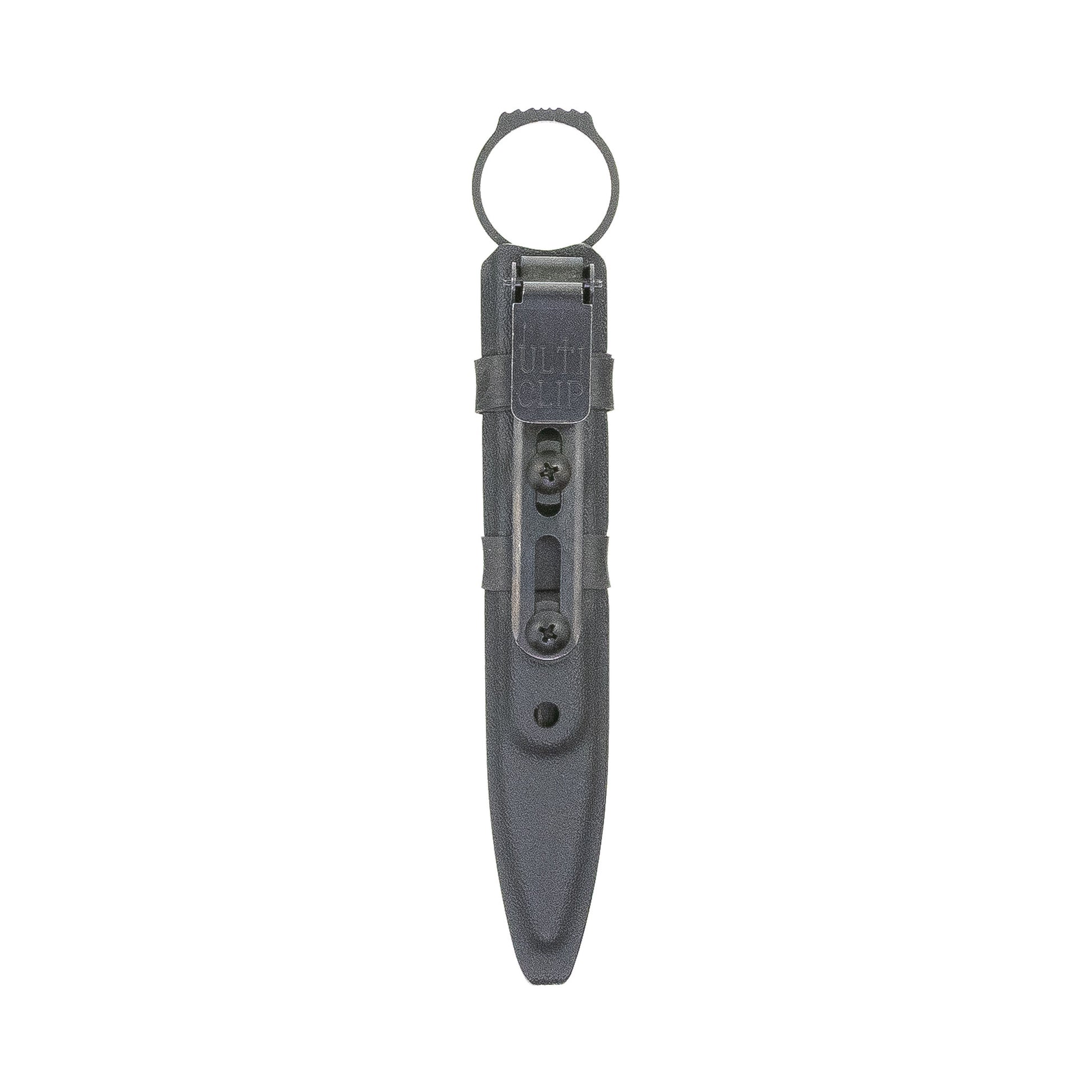 Front view of the black Pilum SOCP sheath with full-size Benchmade SOCP dagger and UltiClip Slim 3.3