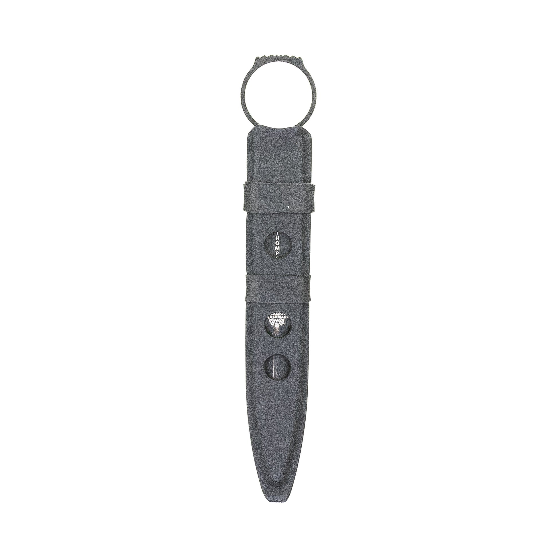 Rear view of the black Pilum SOCP sheath with full-size Benchmade SOCP dagger and dual EPDM retention bands