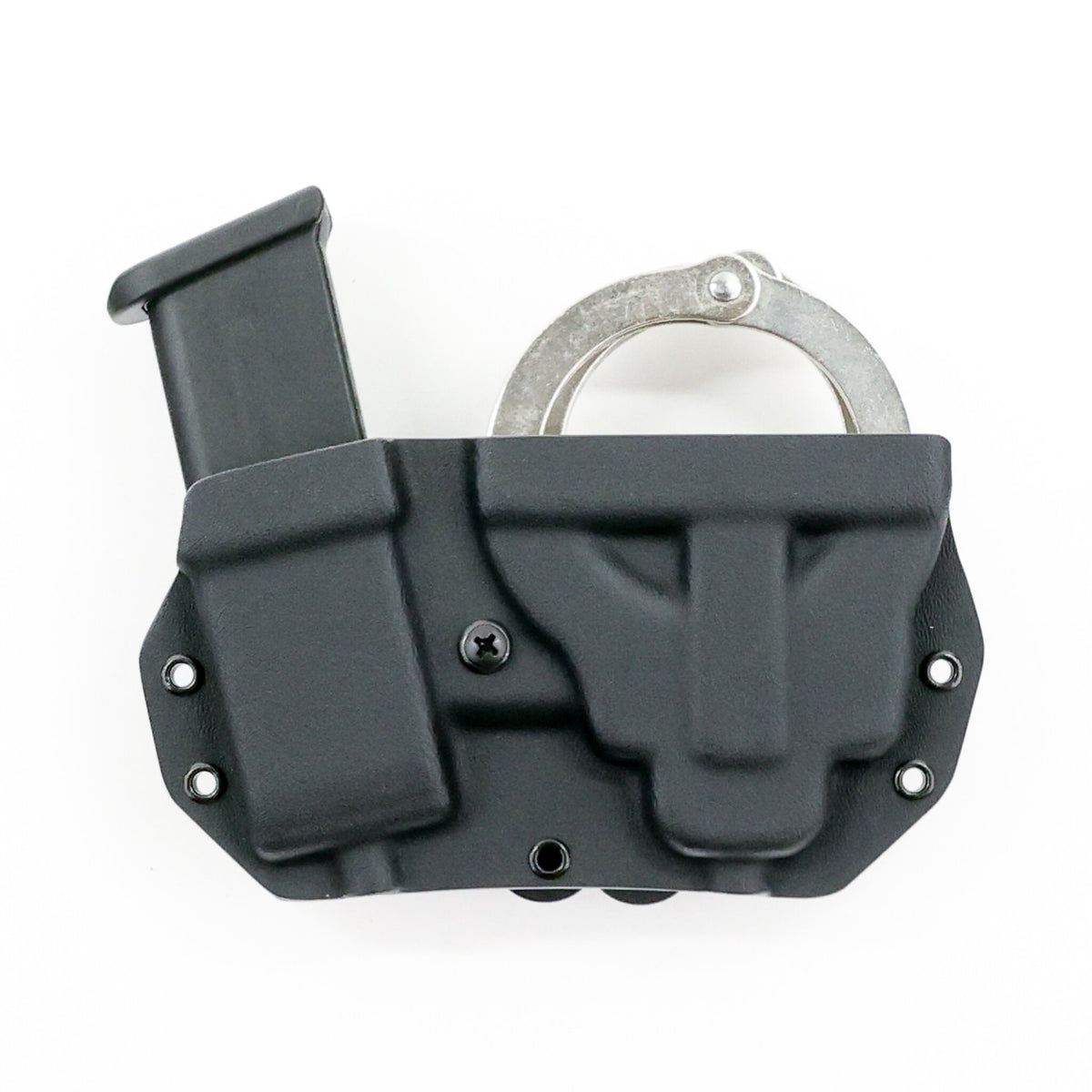 Vesta Kydex carrier holding chained handcuffs and a Glock 43X or 48 magazine