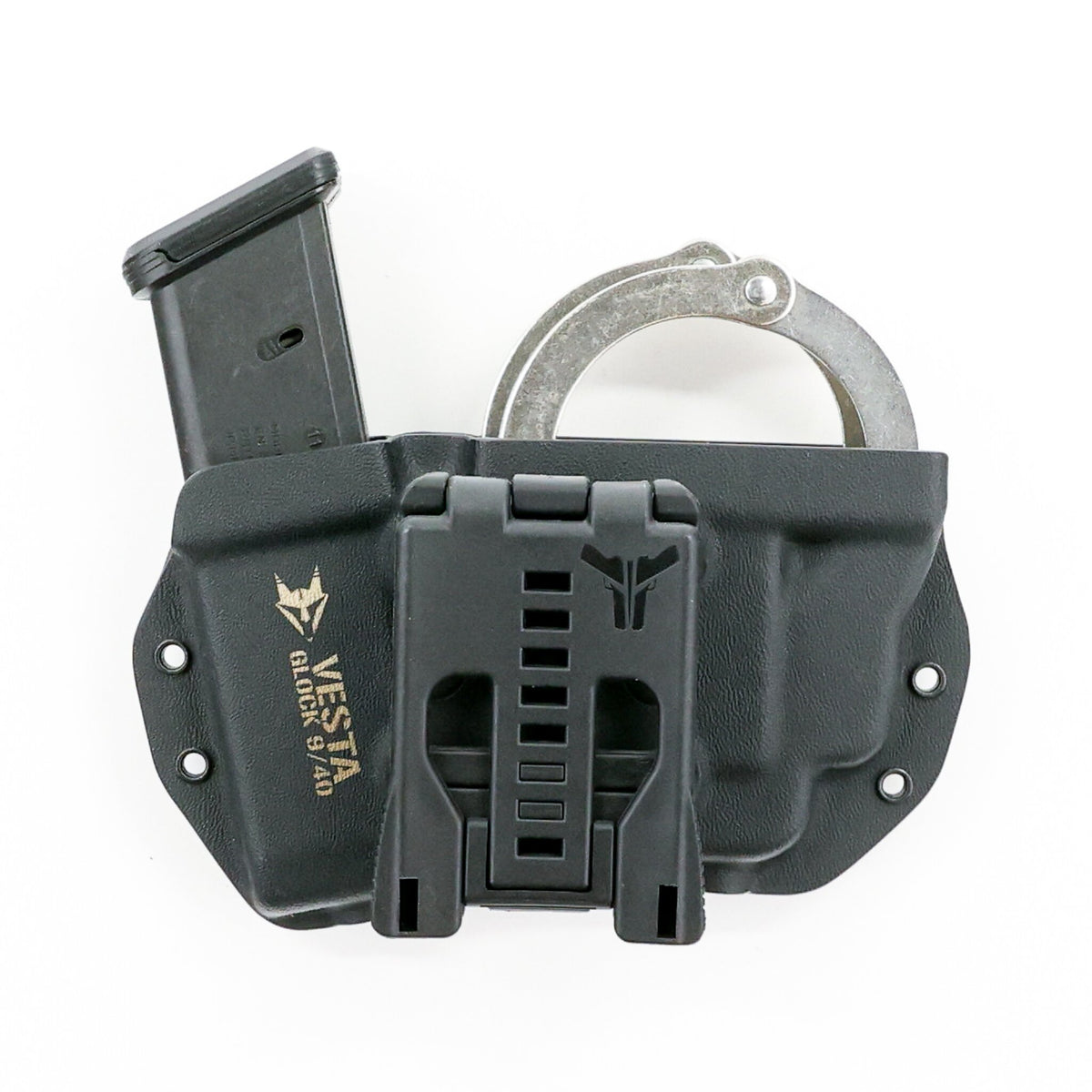 Rear view of the Vesta handcuff and magazine carrier with Blade-Tech Tek-Lok