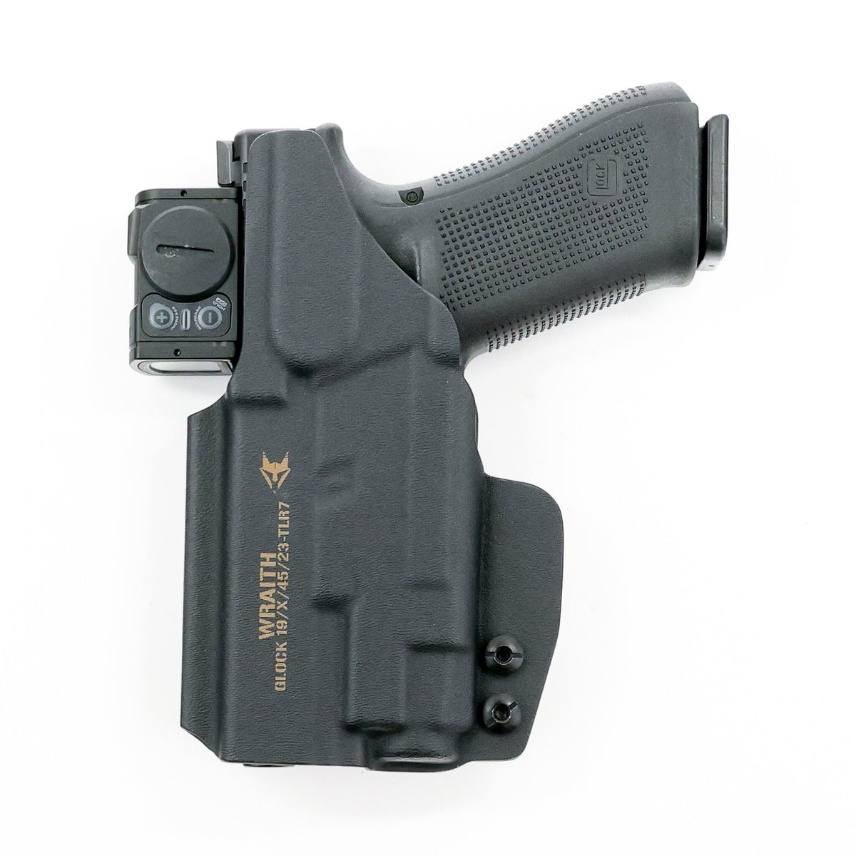 Rear view of the Wraith light-bearing IWB holster showing the branded Kydex shell