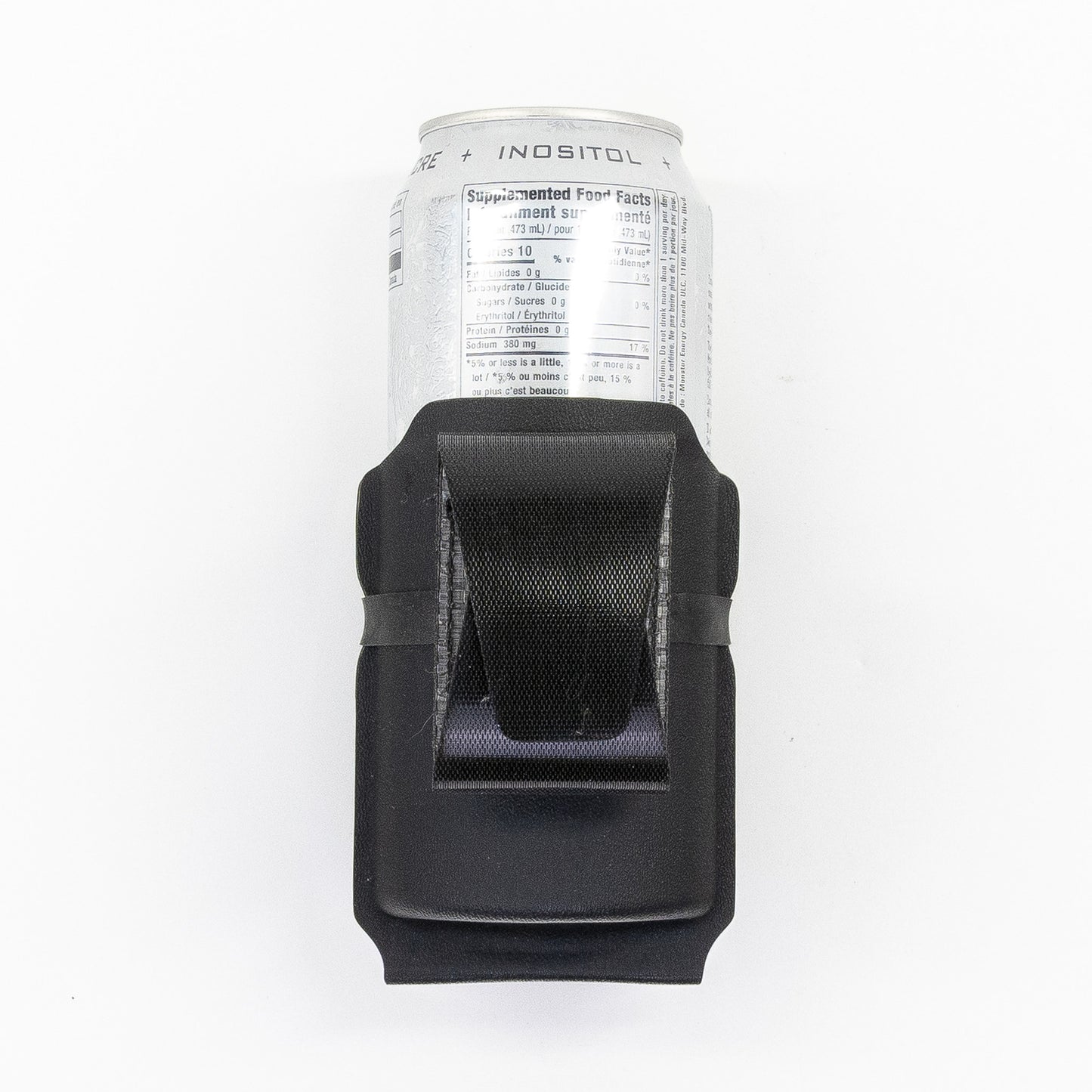 Chad 473 mL Energy Drink Carrier with Squeeze adjustable hook-and-loop belt mounting system – closed position
