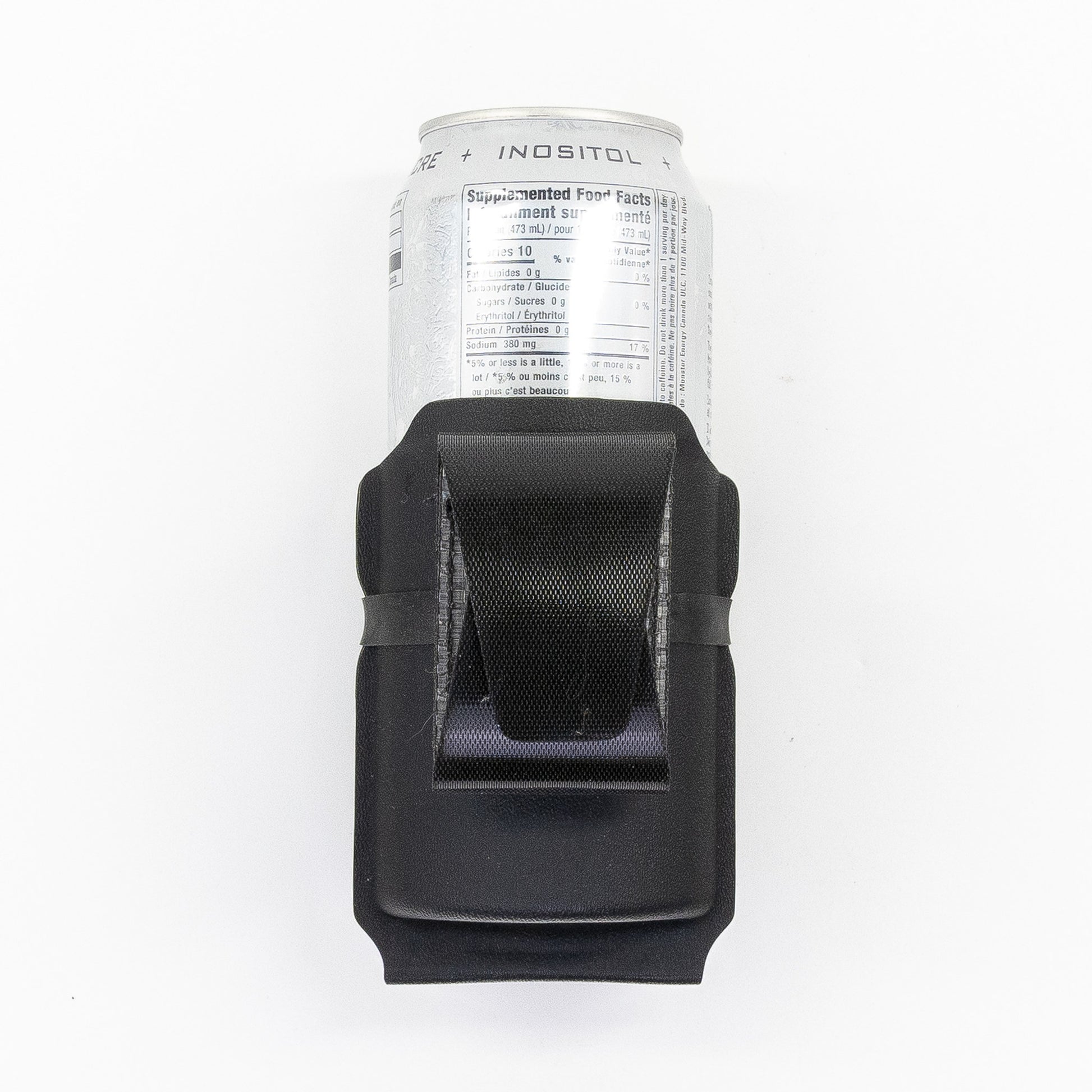 Chad 473 mL Energy Drink Carrier with Squeeze adjustable hook-and-loop belt mounting system – closed position