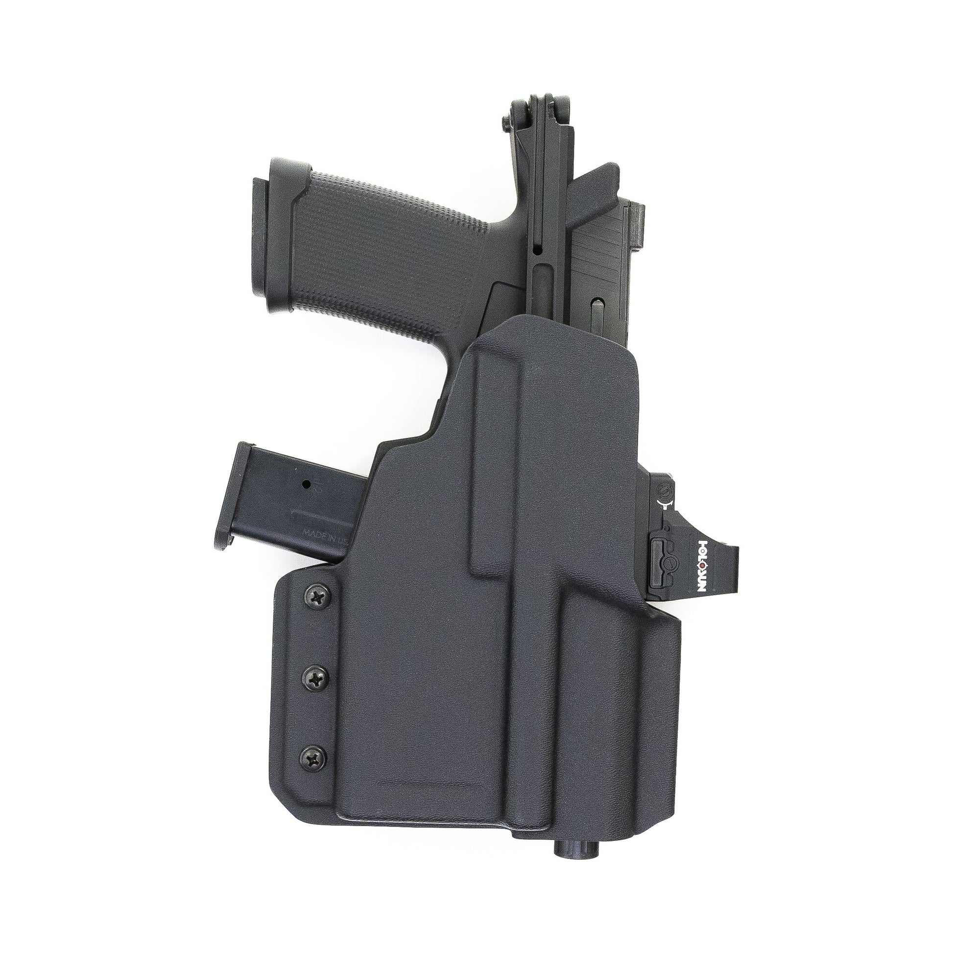 Black Compressor OWB holster carrying a Flux Defense Raider 365 – front view