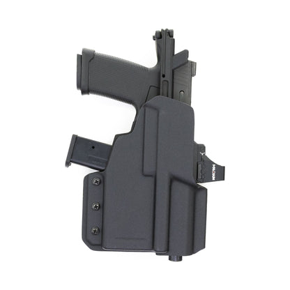 Black Compressor OWB holster carrying a Flux Defense Raider 365 – front view