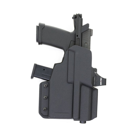 Black Compressor OWB holster carrying a Flux Defense Raider 365 – front view