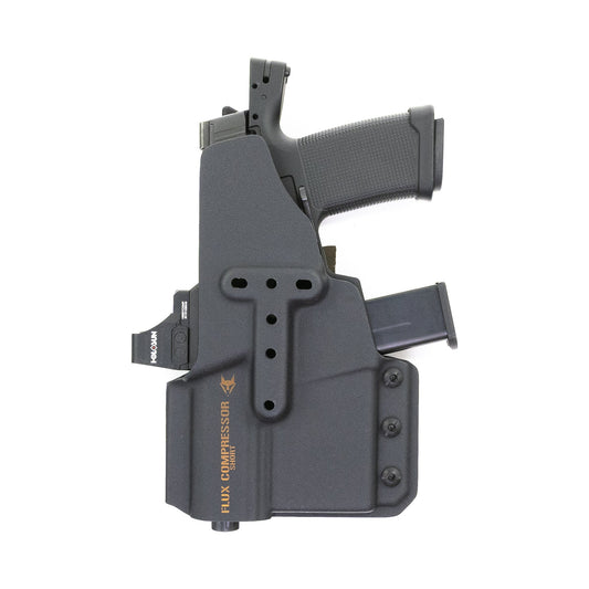 Rear view of the Compressor OWB holster showing its universal mounting pattern