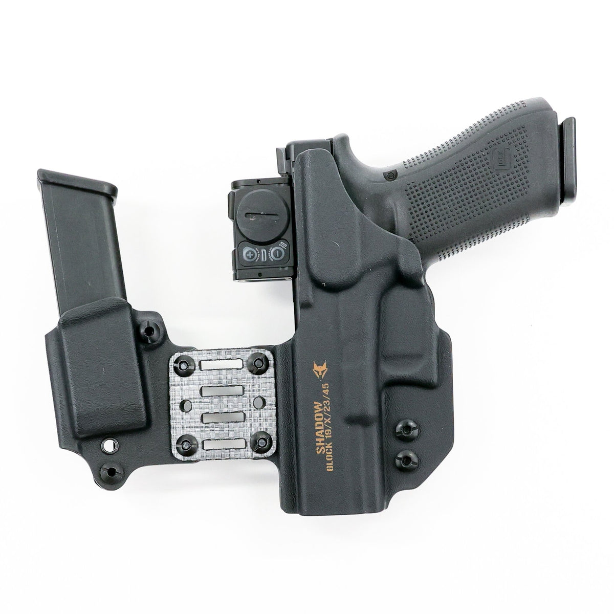 Rear view of the Shadow appendix holster system with an optic-equipped pistol and integrated magazine carrier