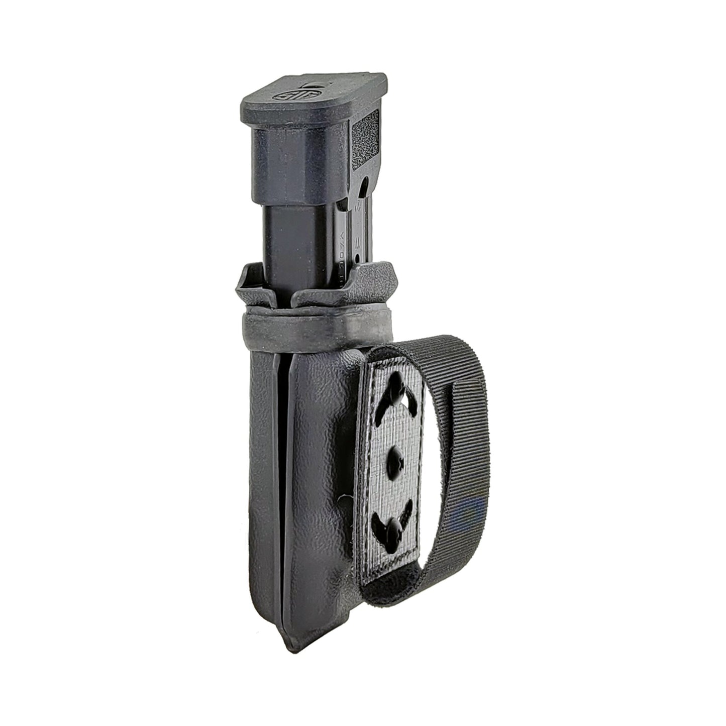 Squeeze low-profile belt attachment mounted to a pistol magazine carrier – angled view