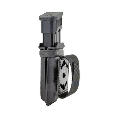 Squeeze low-profile belt attachment mounted to a pistol magazine carrier – angled view