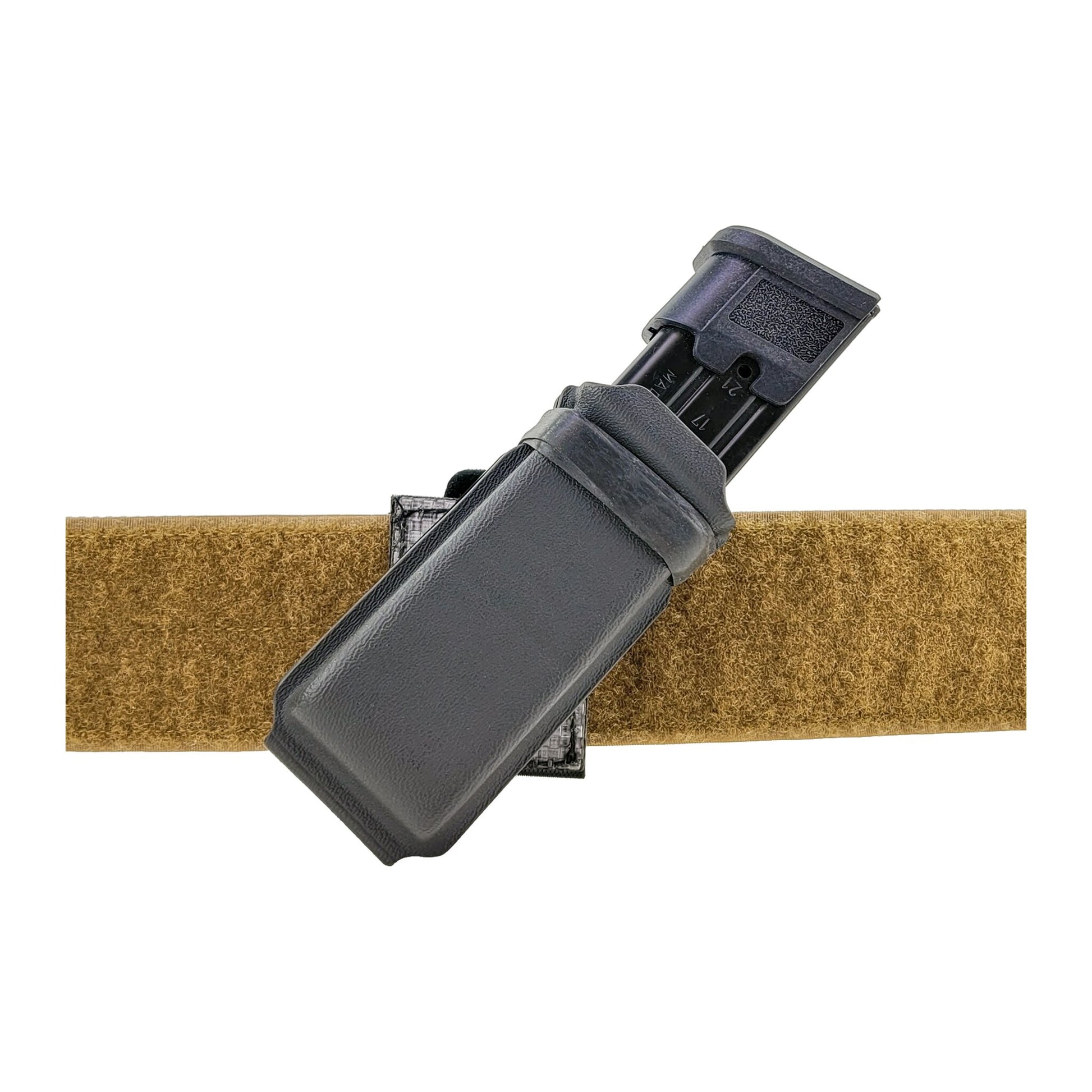 Squeeze belt attachment securing a pistol magazine carrier to a hook-and-loop belt at an adjustable cant