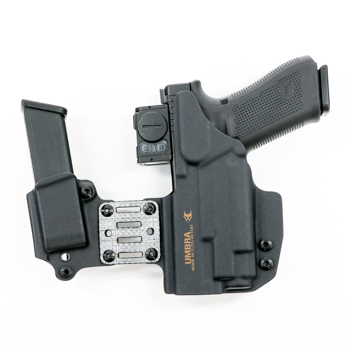 Rear view of the Umbra appendix holster system with an optic-equipped light-bearing pistol and spare magazine