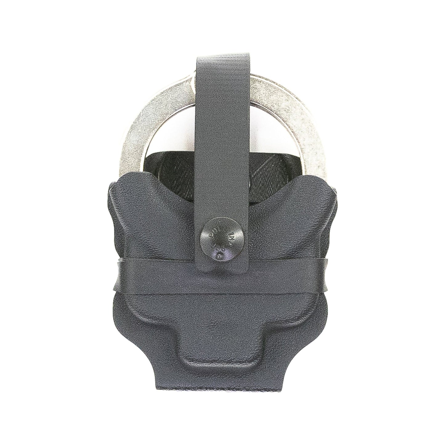 Black Vulcan Kydex carrier holding chained handcuffs – front view