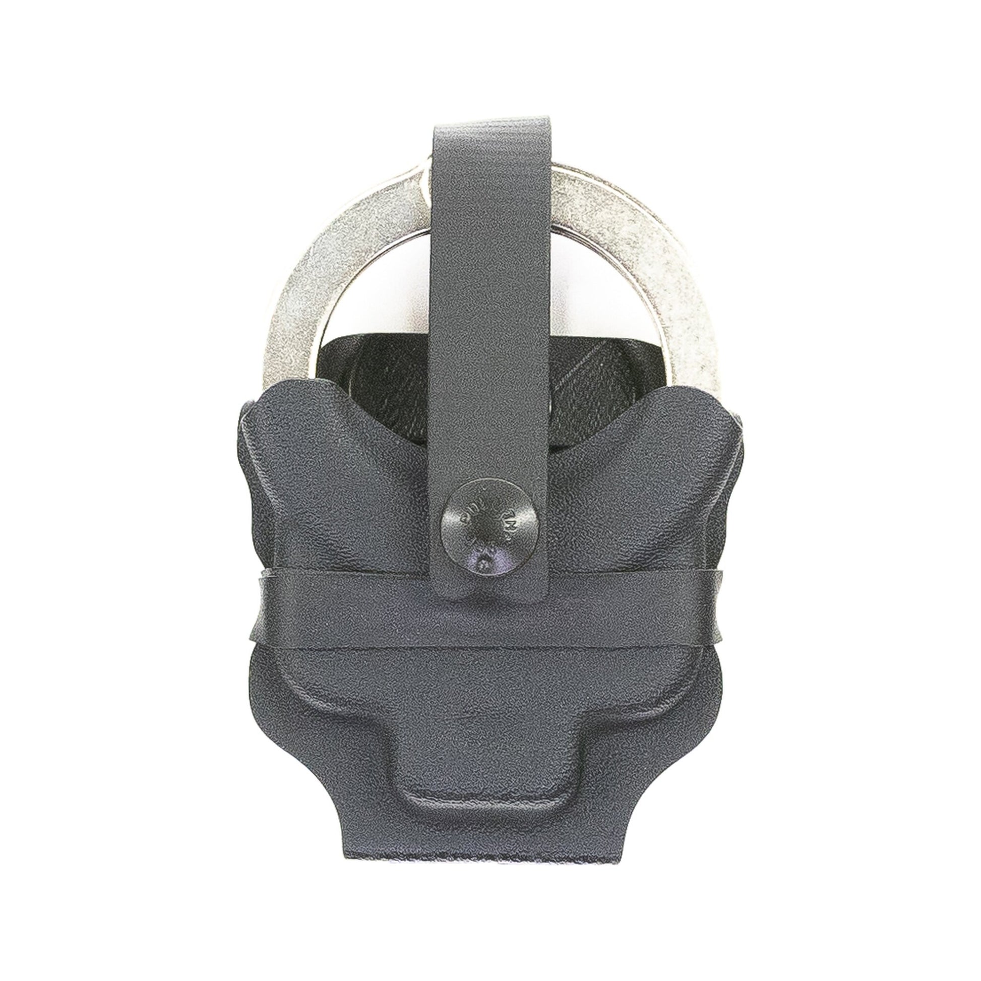Black Vulcan Kydex carrier holding chained handcuffs – front view