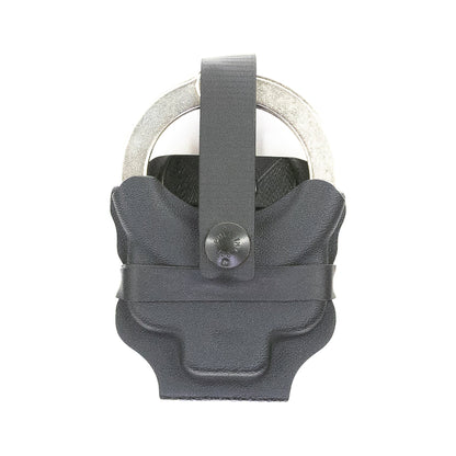 Black Vulcan Kydex carrier holding chained handcuffs – front view