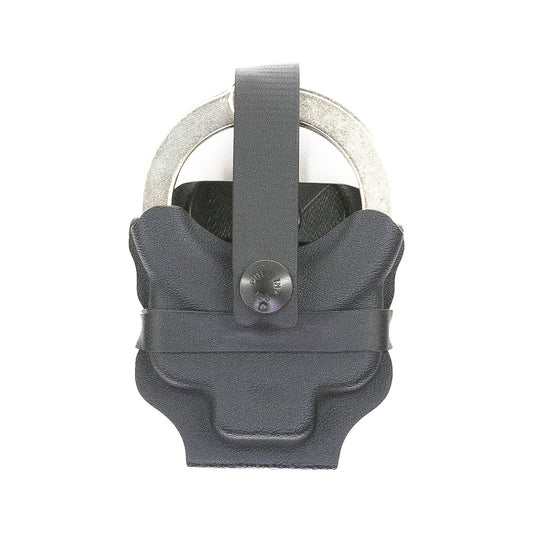 Black Vulcan Kydex carrier holding chained handcuffs – front view