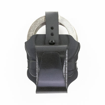 Vulcan handcuff carrier with Squeeze adjustable hook-and-loop belt mounting system – closed position